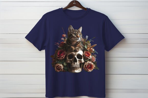 Cat on Skull in Roses T-shirt Design: A Bold Graphic Asset